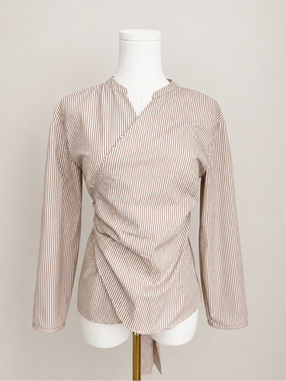 J. Crew Striped Wrap Blouse Size S Tan White Tie Waist Cotton Shirt